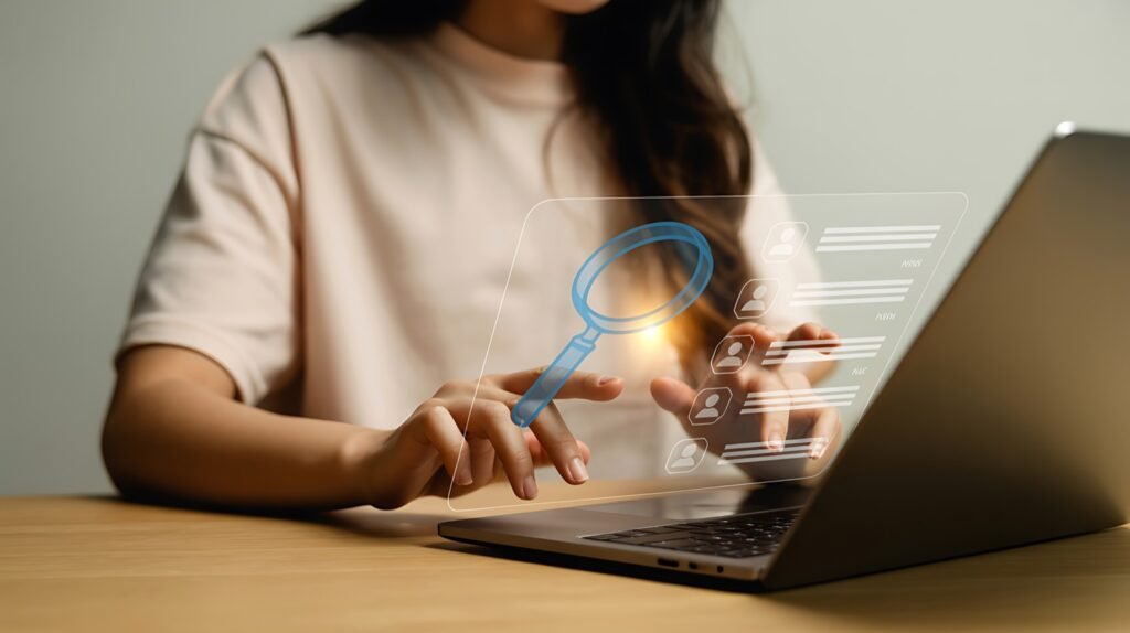 Mulher usando notebook com ícone de lupa e lista de perfis projetados na tela
