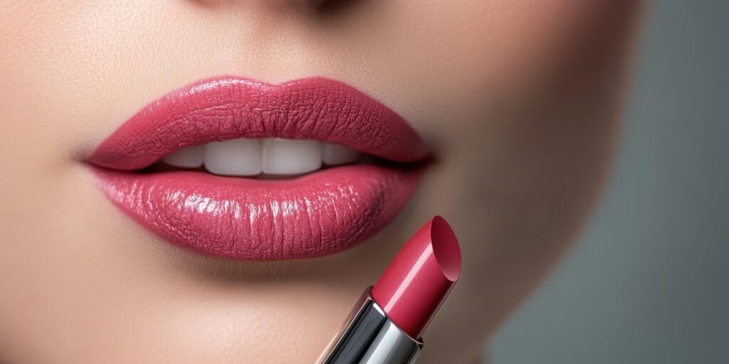Close de lábios com batom rosa, ilustrando o efeito batom no consumo de moda e beleza