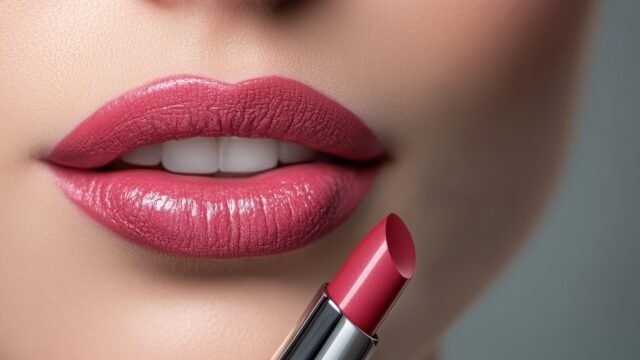 Close de lábios com batom rosa, ilustrando o efeito batom no consumo de moda e beleza